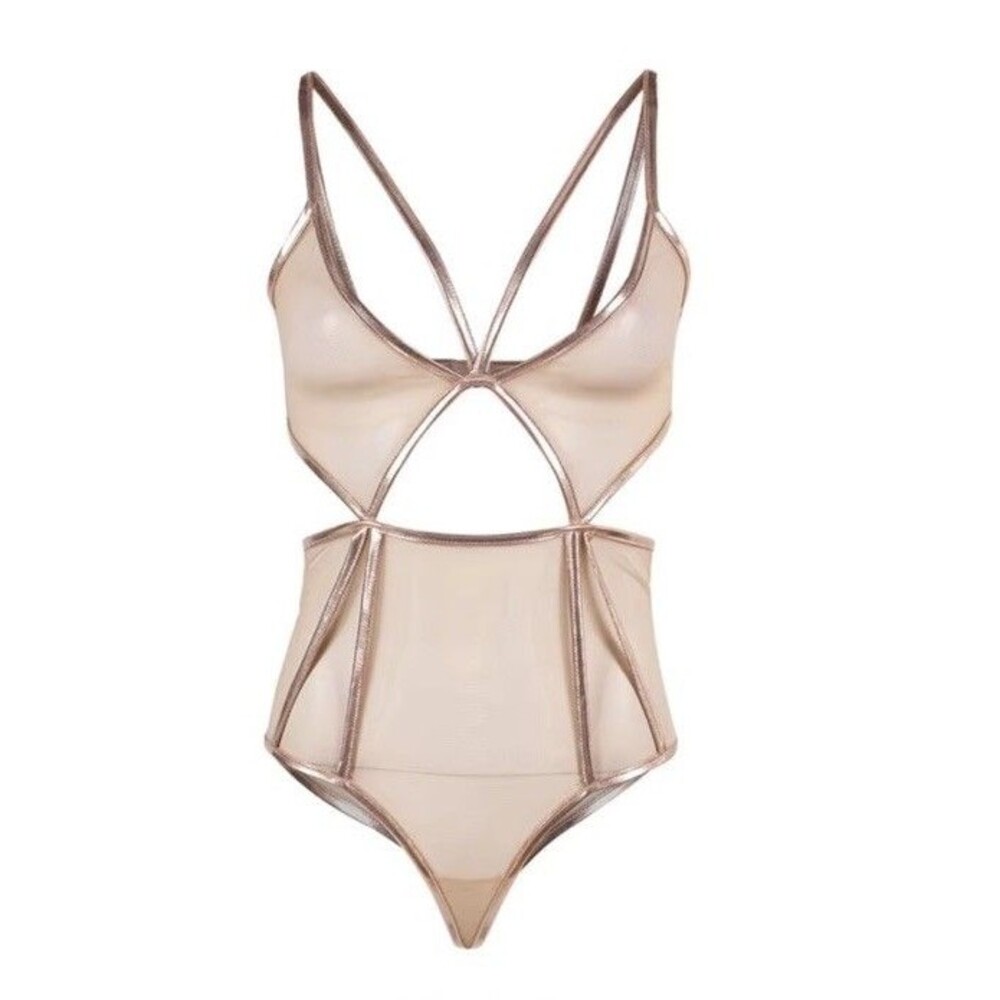 Women’s Sheer Beige Mesh Bodysuit Metallic Rose Gold Trim Cutout Strappy Sexy